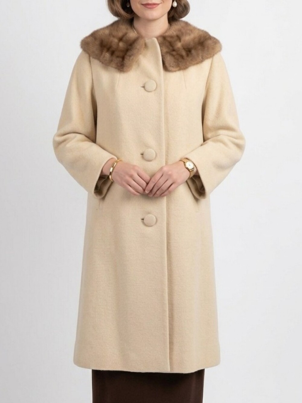 Vtg Dumas California ILGWU Cream Wool & Brown Fur Button Down Midi Coat Jacket